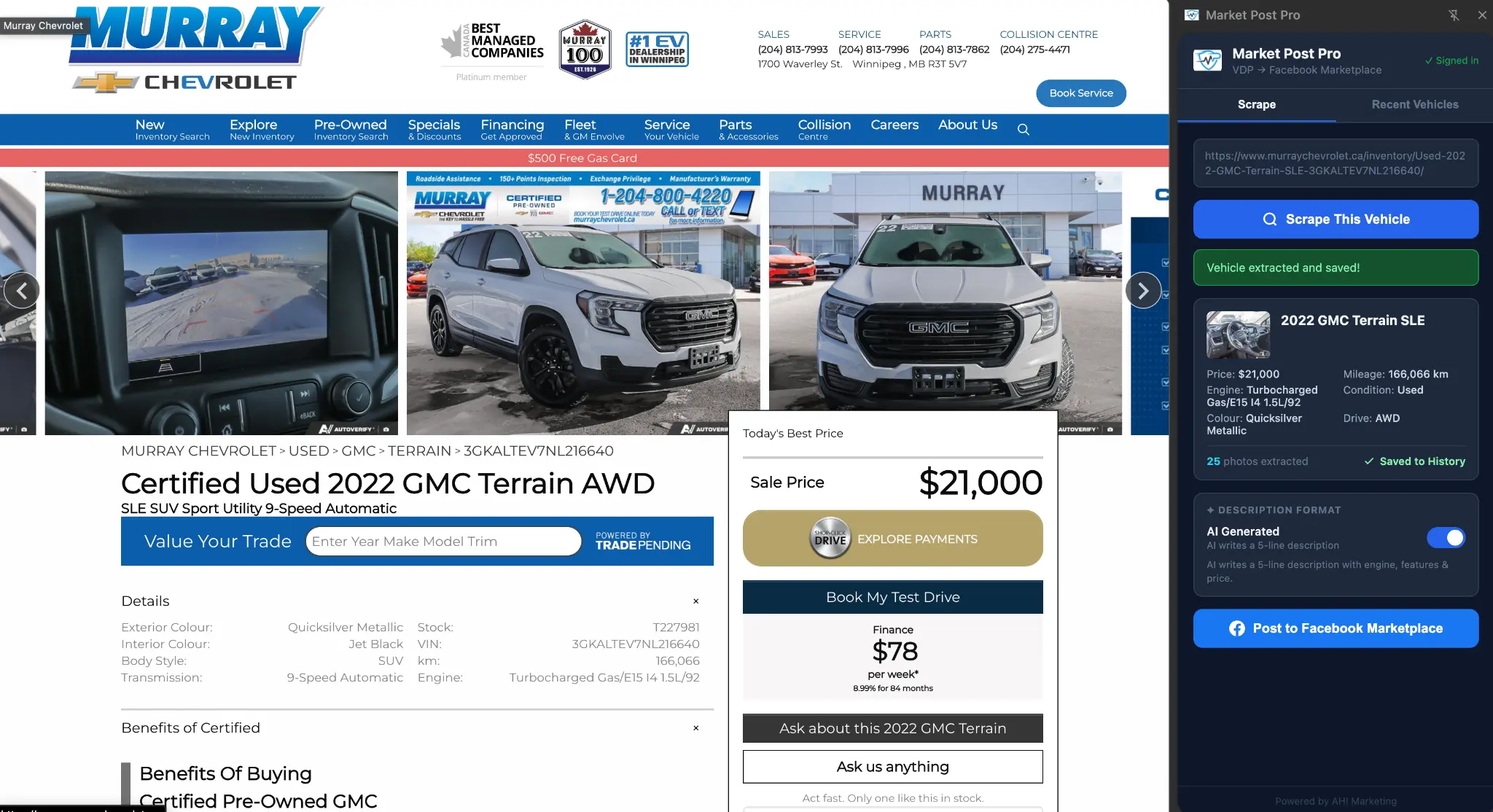 Market Post Pro extension panel open alongside a Murray Chevrolet vehicle page